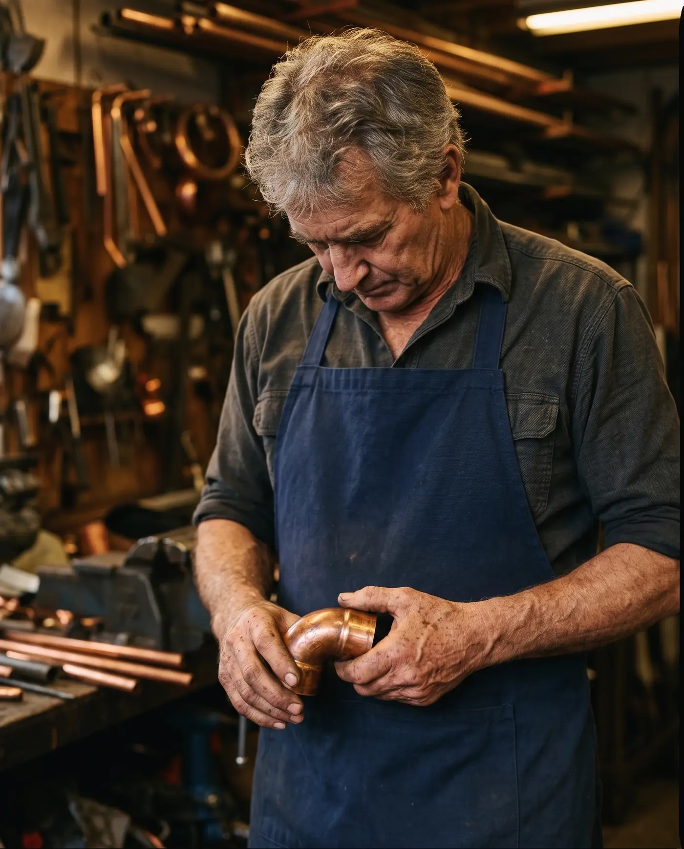 A craftsman's hands holding a burnished copper fitting in warm workshop light