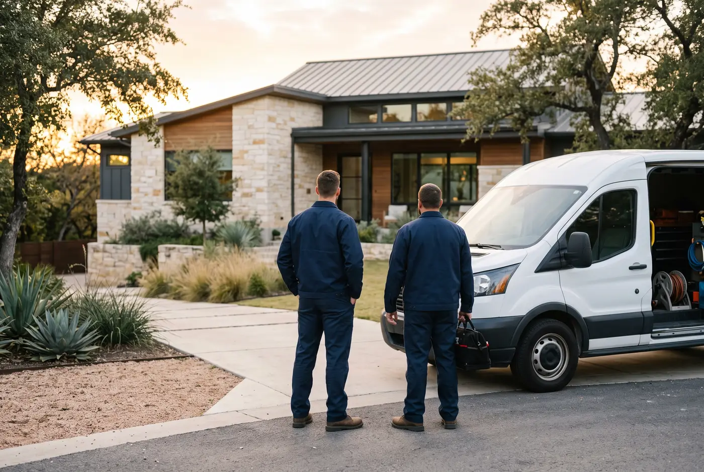 Two Arden Air technicians beside their service van outside an Austin home at golden hour