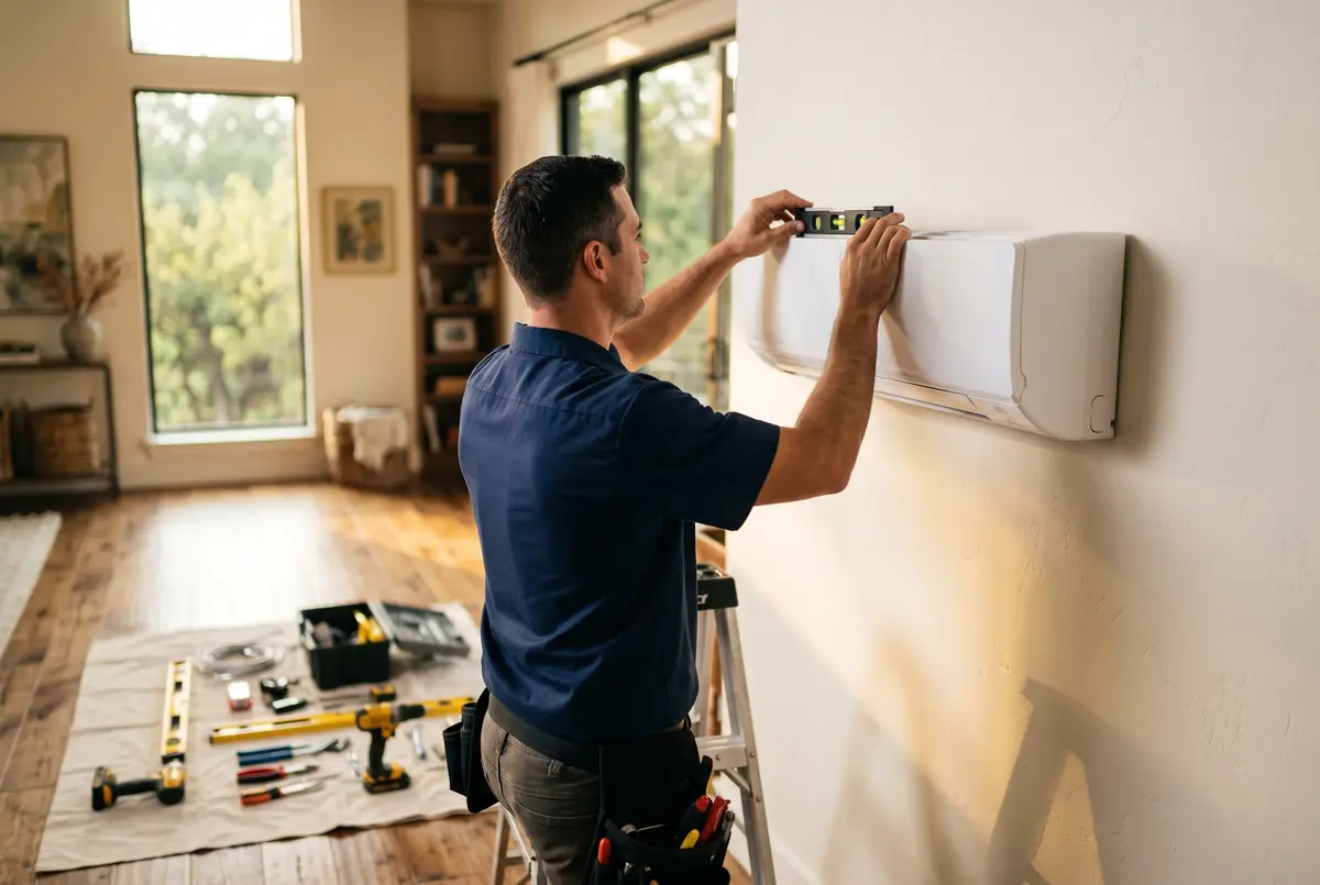 Technician installing a sleek indoor unit with tools laid out neatly