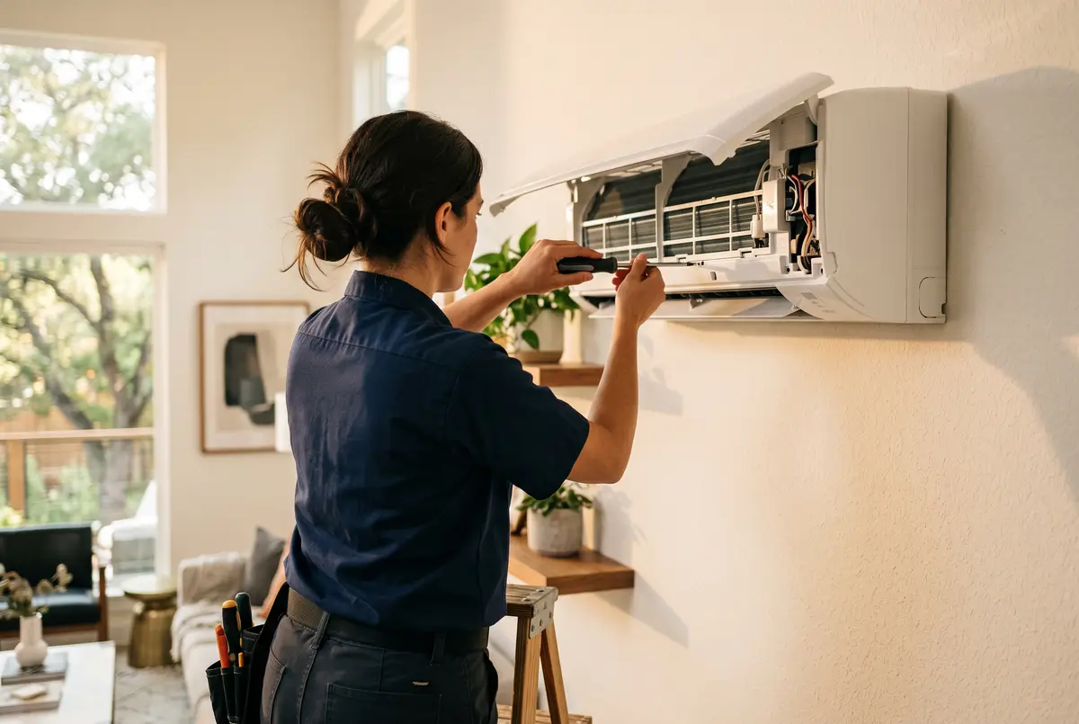 Arden Air technician carefully servicing an indoor AC unit in a bright Austin home
