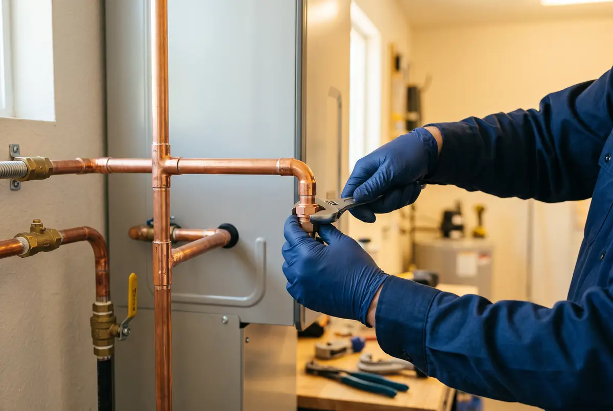 Copper pipework detail on a new high-efficiency furnace installation