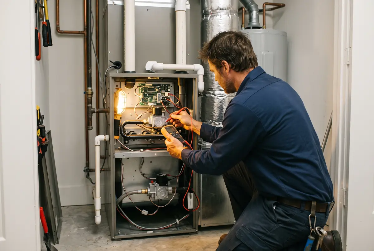 Technician inspecting a furnace in a tidy utility closet