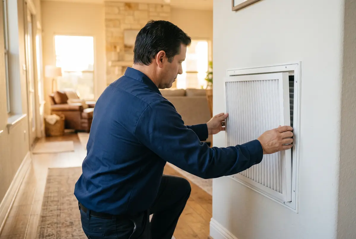 Technician replacing an air filter in a bright hallway